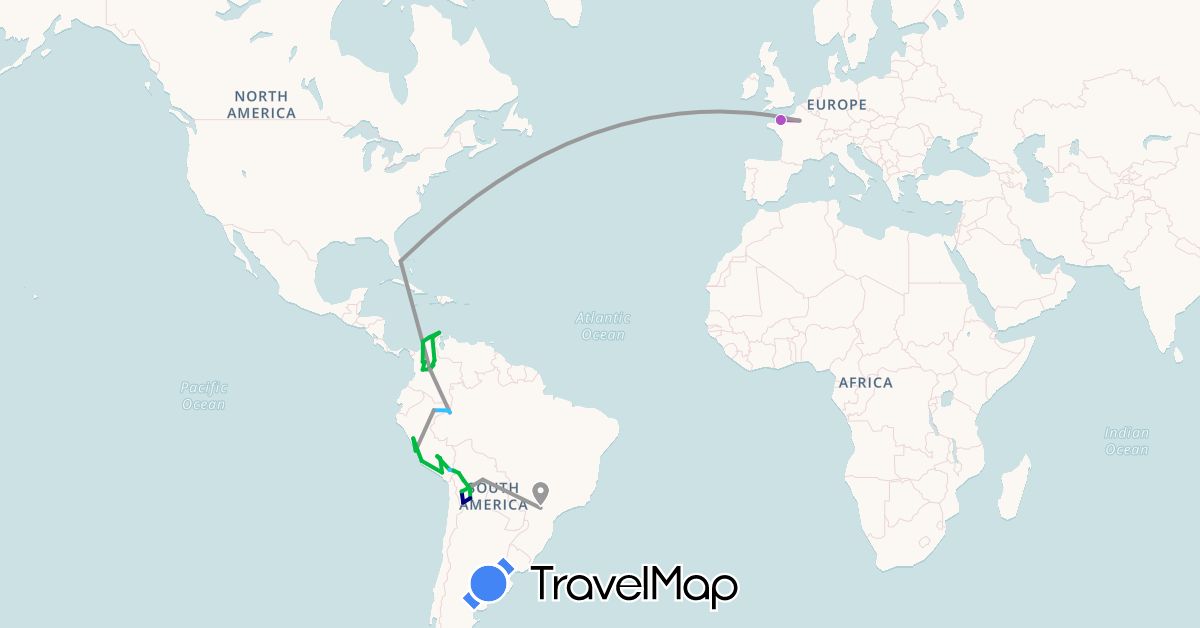 TravelMap itinerary: driving, bus, plane, train, boat in Bolivia, Brazil, Colombia, France, Peru, United States (Europe, North America, South America)